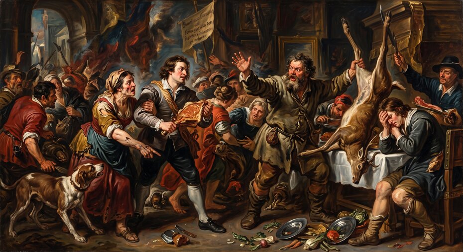 Ein dramatisch-turbulentes Barockgemälde mit pastosem Farbauftrag zeigt eine chaotische Szene in einer Markthalle oder einem Gasthaus. Im Zentrum ein heftiger moralischer Konflikt um ein geschlachtetes Reh: Ein wütender Mann gestikuliert anklagend, während ein anderer demonstrativ ein großes Stück Fleisch hält. Eine Frau greift ein, eine andere Figur verbirgt verzweifelt das Gesicht. Der pastose Stil und die dynamischen Pinselstriche unterstreichen die emotionale Zerrissenheit und die tiermoralische Empörung.