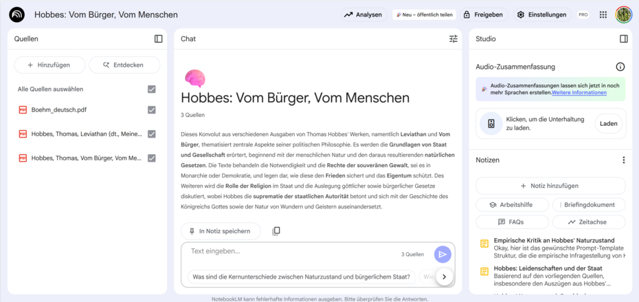 Desktop eines Arbeitsbereiches von NotebookLM