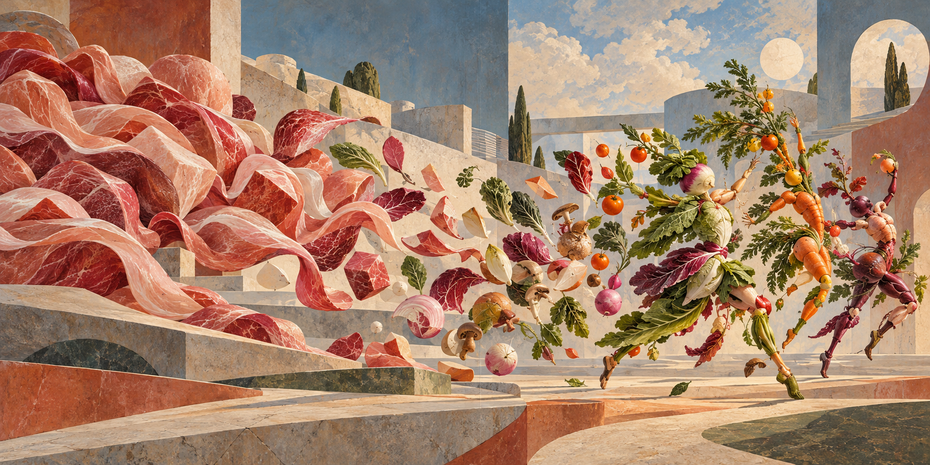 Surrealist panorama of a book-cover motif: on the left, flowing ribbons of meat across stone terraces; in the center, floating ingredients; on the right, dancing figures made of vegetables against Mediterranean architecture and a blue sky.