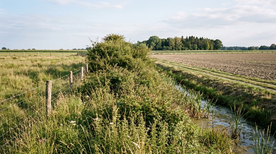 Agrarlandschaft, in der Zaun, Hecke, Graben, Feldweg und Ackerkante als fünf versetzte, nicht deckungsgleiche Grenzlinien nebeneinander verlaufen.