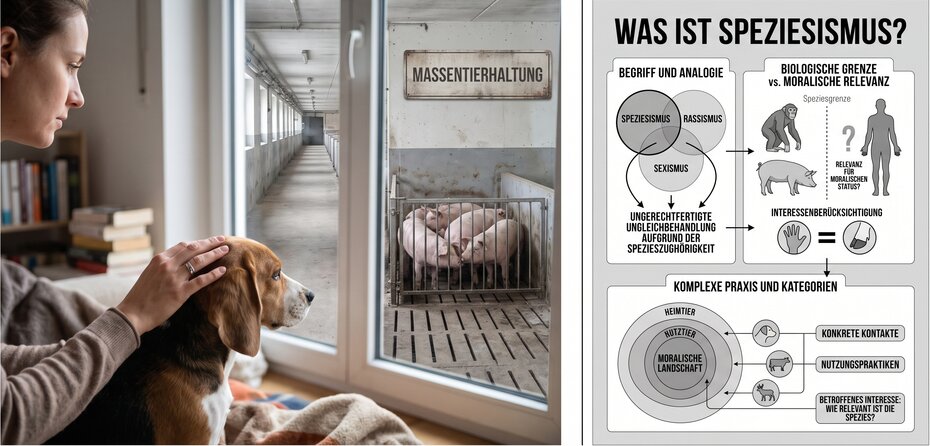 Diptychon zum Thema Speziesismus: Links eine Fotografie einer Frau, die ein Haustier streichelt mit Blick auf Nutztiere im Stall; rechts eine schwarz-weiße Infografik zu Begriff, biologischen Grenzen und sozialen Kategorien.